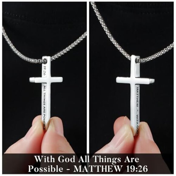 Stainless Steel Cross Necklace Set Classic Minimal Inspirational Bible Verse - Picture 5 of 8